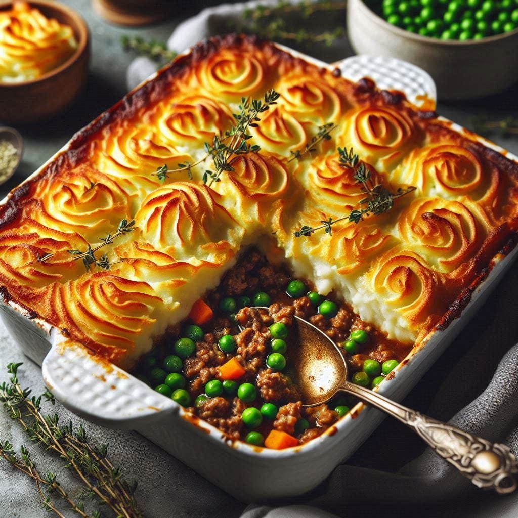 Classic Shepherd’s Pie with a golden, crispy mashed potato topping, served in a white casserole dish. The filling of ground beef, peas, and carrots is visible, garnished with fresh thyme for a comforting, homemade meal.