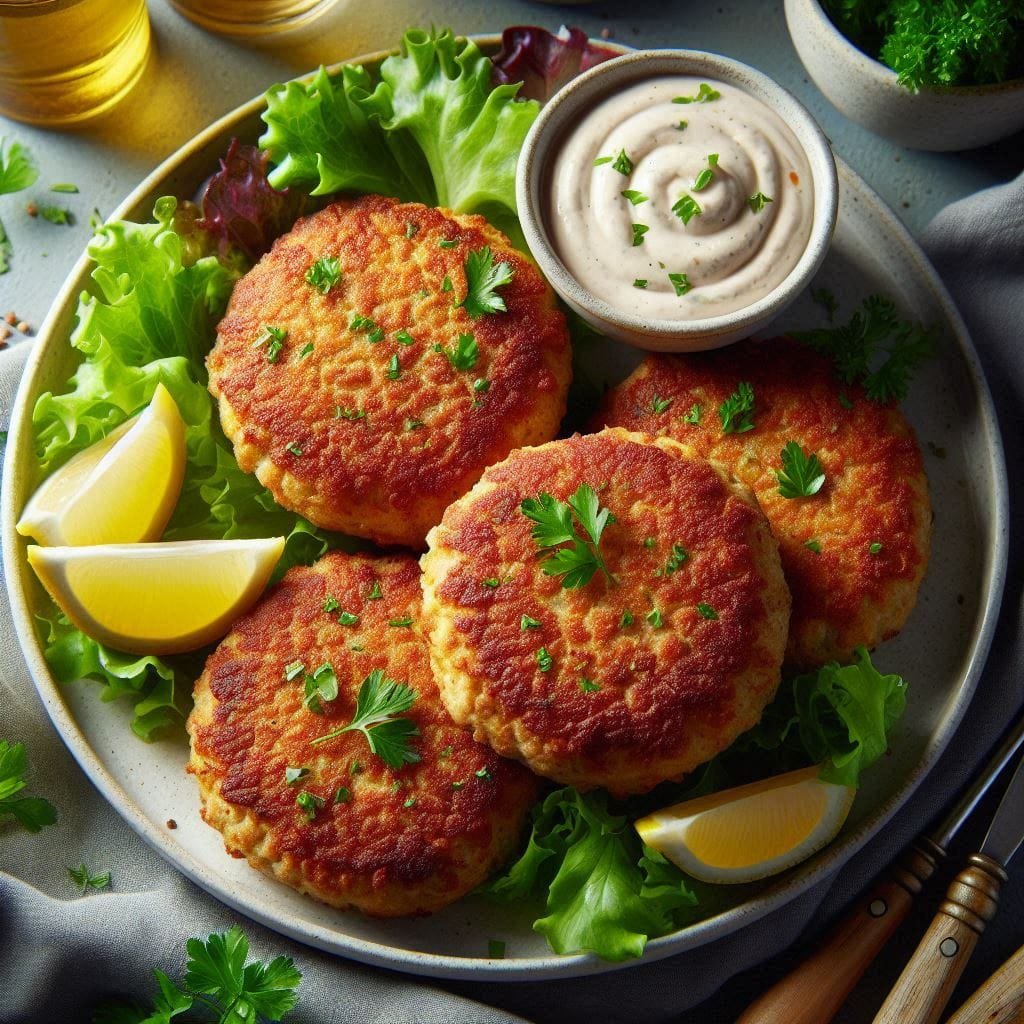 Golden, crispy tuna patties garnished with fresh parsley and lemon wedges on a rustic plate, served with a dipping sauce and side salad – a healthy and easy homemade tuna recipe.