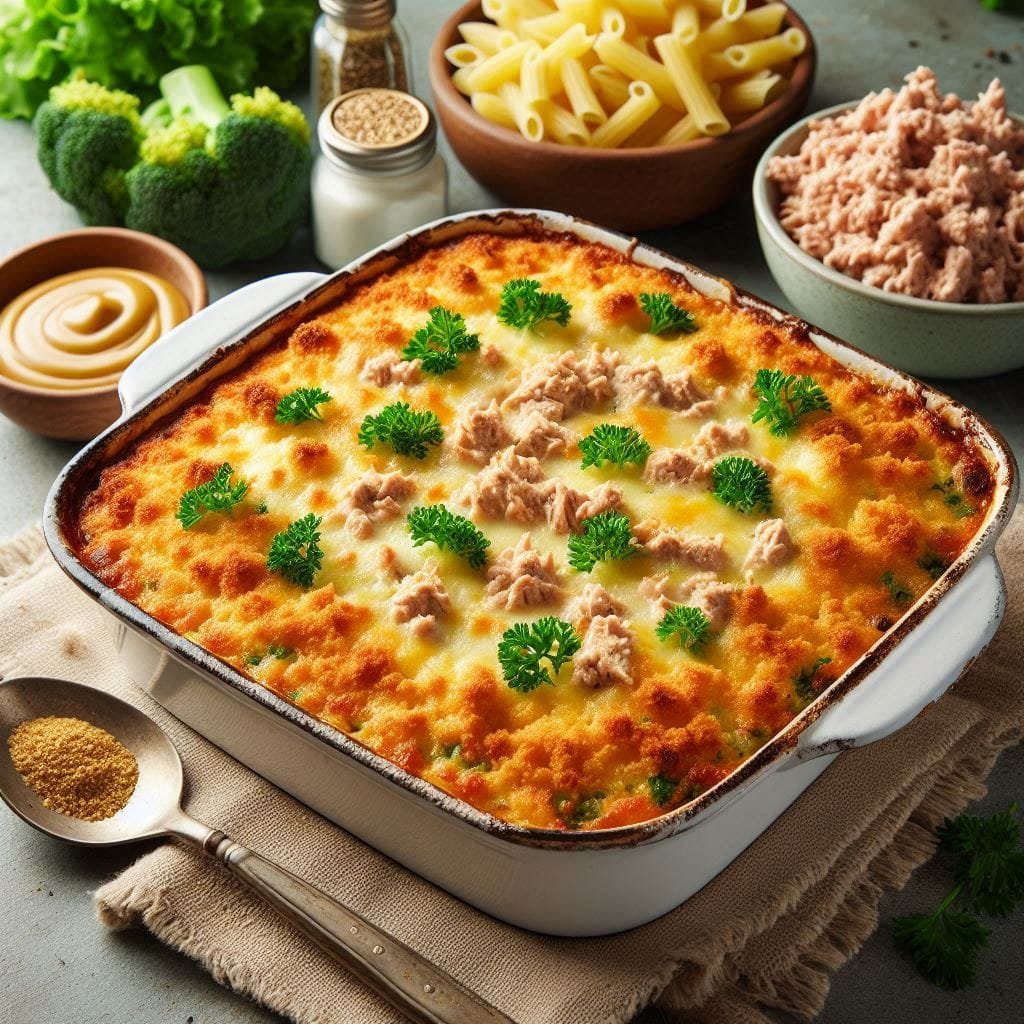 A healthy tuna mornay casserole baked with golden breadcrumbs and melted cheese, garnished with fresh parsley. The dish is made with whole wheat pasta, tuna, and broccoli, showcasing a nutritious and delicious meal option.