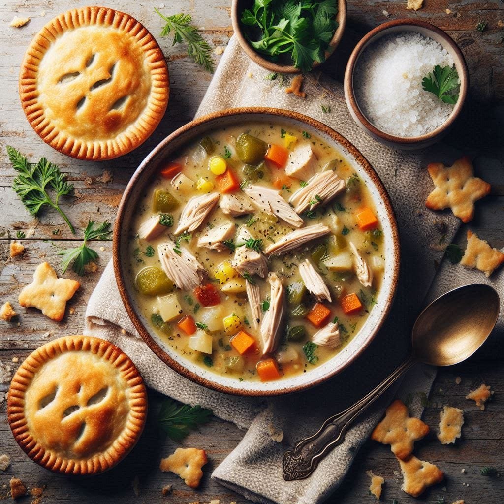 Delicious bowl of creamy Chicken Pot Pie Soup with tender chicken, vegetables, and crumbled pie crust topping, served on a rustic table for a comforting meal.