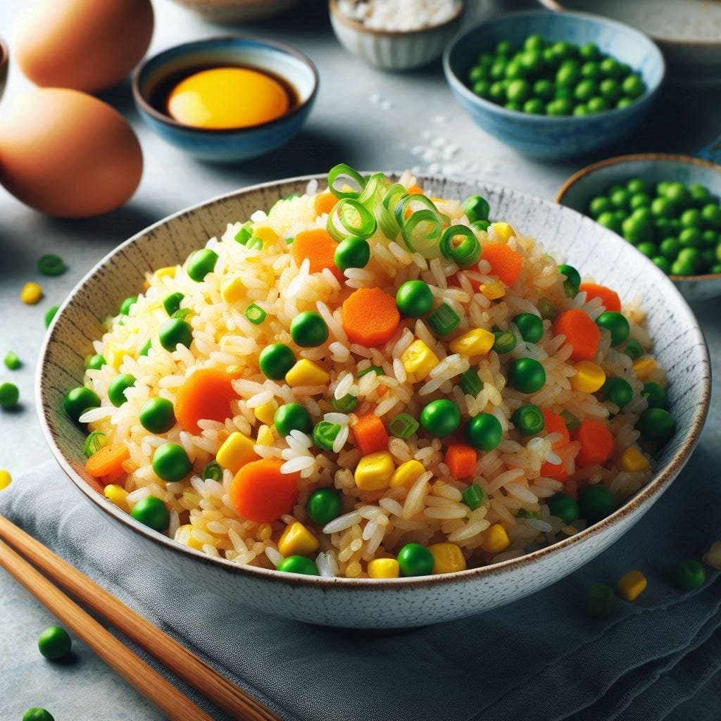 A vibrant plate of homemade fried rice with colorful vegetables, scrambled eggs, and green onions, served in a white bowl with chopsticks on the side. The dish is a classic American-style fried rice, showcasing a blend of textures and flavors