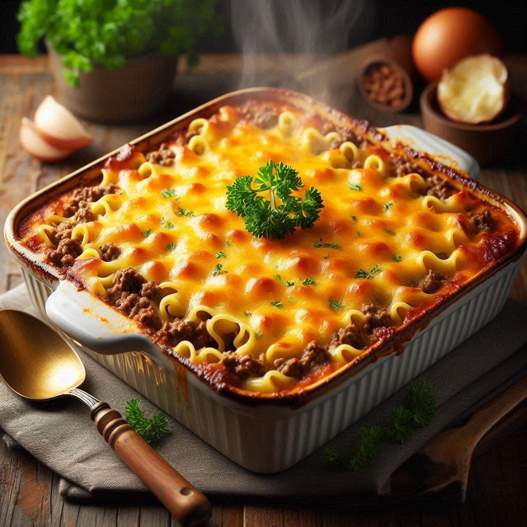 Beef Noodle Casserole topped with melted cheddar cheese, featuring ground beef and egg noodles, served hot in a casserole dish on a rustic table. Perfect comfort food for a family dinner.