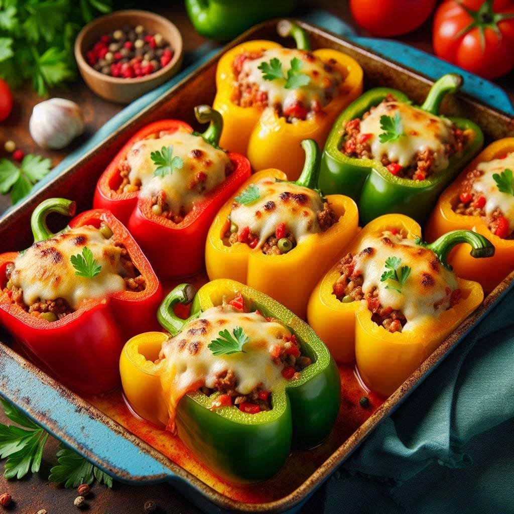 Stuffed capsicums filled with a flavorful mix of rice, ground beef, and melted cheese, garnished with fresh parsley, served in a baking dish. A colorful and healthy dinner option featuring red, yellow, and green bell peppers.