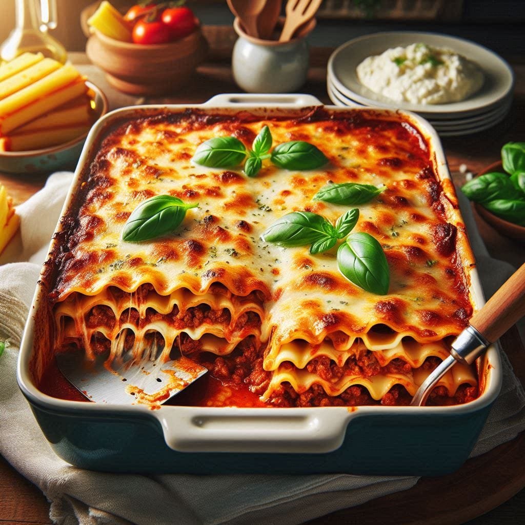 A freshly baked lasagna with golden-brown cheese, rich meat sauce, and pasta layers, garnished with fresh basil leaves, served in a casserole dish in a cozy kitchen setting.