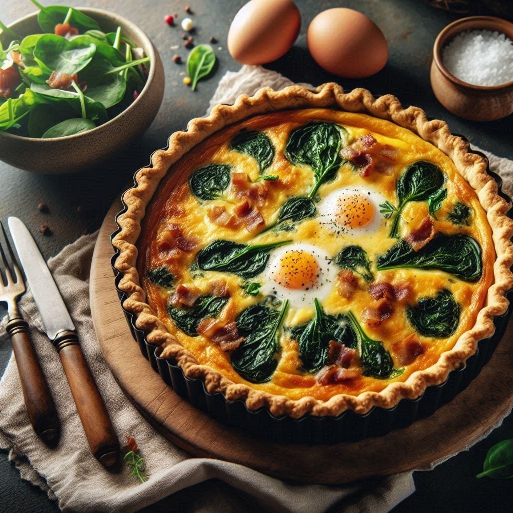 Freshly baked quiche with a golden, flaky crust and a creamy filling of eggs, cheese, spinach, and crispy bacon, garnished with fresh herbs. Served on a rustic table with a side salad, perfect for a brunch or family meal.